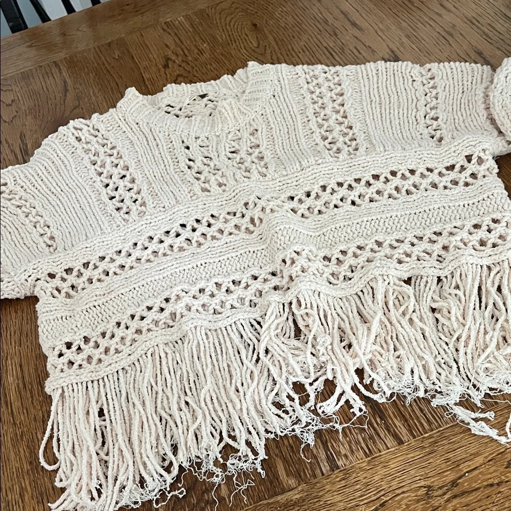 Free People Cream Crochet Sweater with Fringe